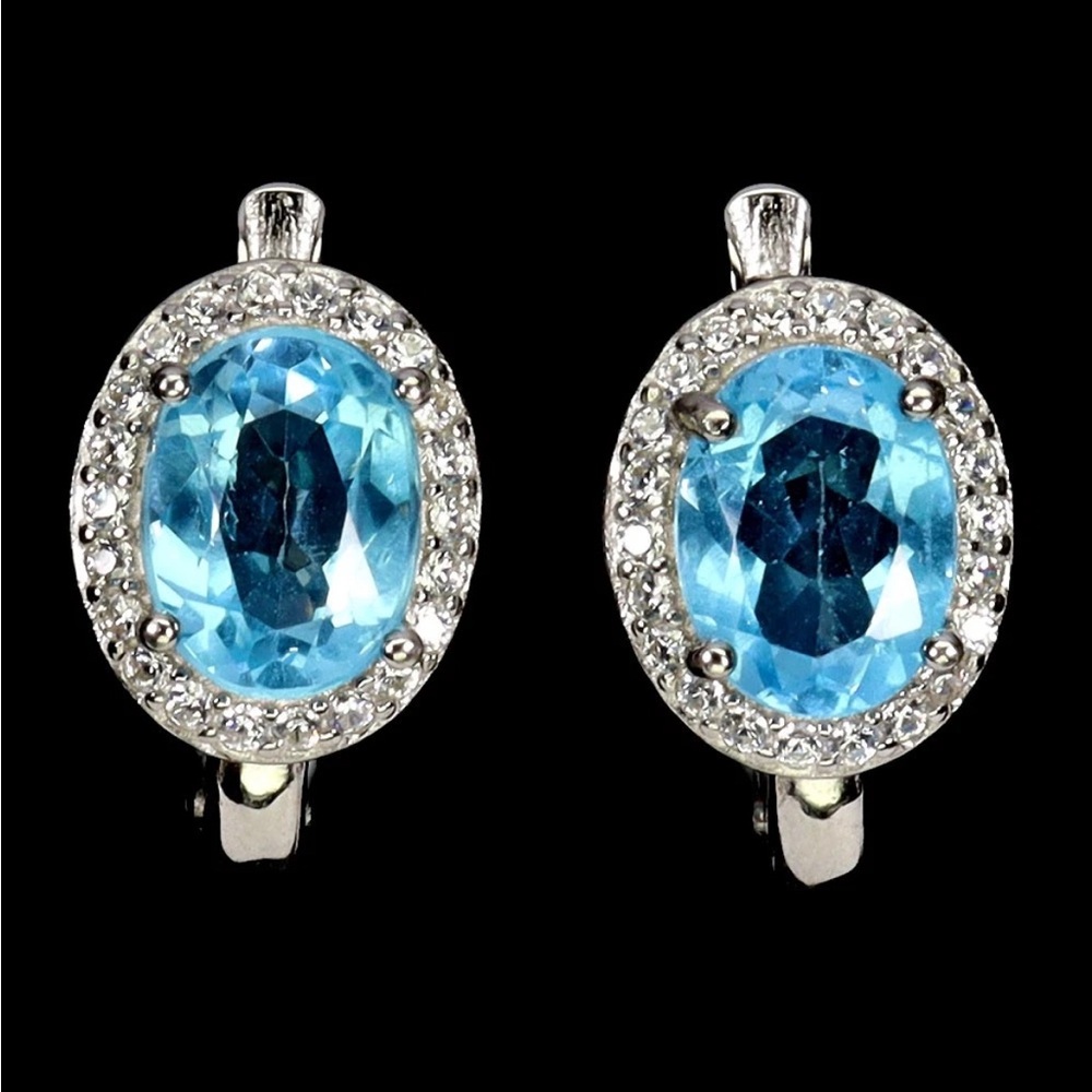 925 Silver Oval Swiss Blue Topaz Gemstone Earrings